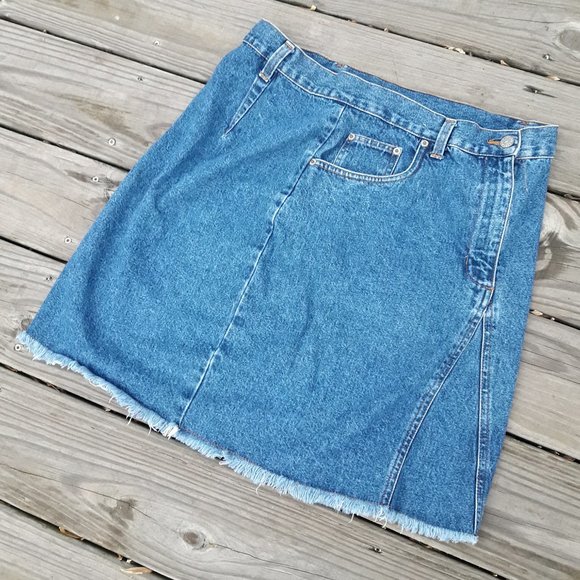 Vintage Denim Skirt Jeans w/ Fringe Aline Mini Distressed Frayed Edge L-XL - Picture 3 of 8